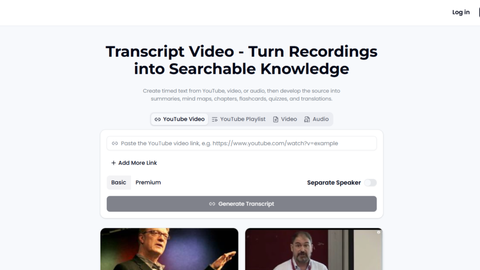 Hero: Transcript Video page with headline and a YouTube link input and Generate Transcript button.