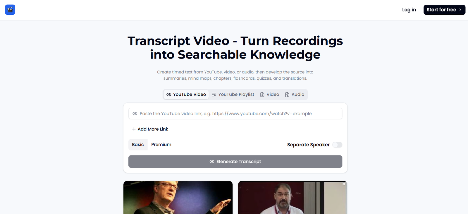 35 - Hero: Transcript Video page with headline and a YouTube link input and Generate Transcript button.