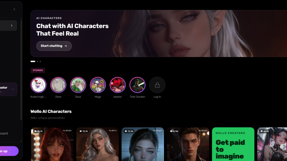 36 - Wollo dashboard: left navigation panel with Create and menu items, large hero banner about AI Characters that Feel Real, and a row of circular character avatars below.