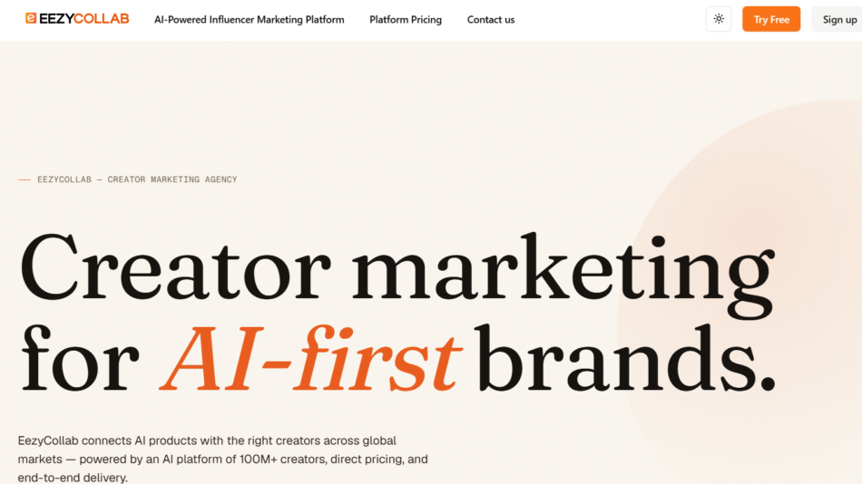36 - Hero banner for EezyCollab: large serif text 'Creator marketing for AI-first brands' on a beige gradient background with a soft circular shape; EezyCollab logo in the top left.