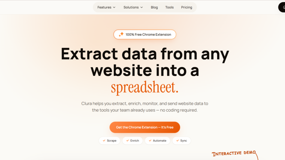 Clura hero: main message about extracting data from sites into a spreadsheet, with orange-accent CTA to get the Chrome extension.