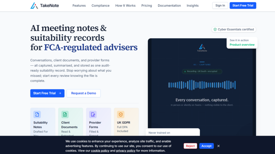 TakeNote hero: headline about AI meeting notes for FCA-regulated advisers, with a dark device mockup on the right and a cookies banner at the bottom.