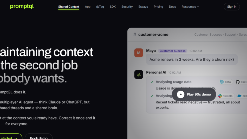 37 - Dark hero with headline 'Maintaining context is the second job nobody wants' and a chat UI preview on the right with a Play 90s demo button overlay.
