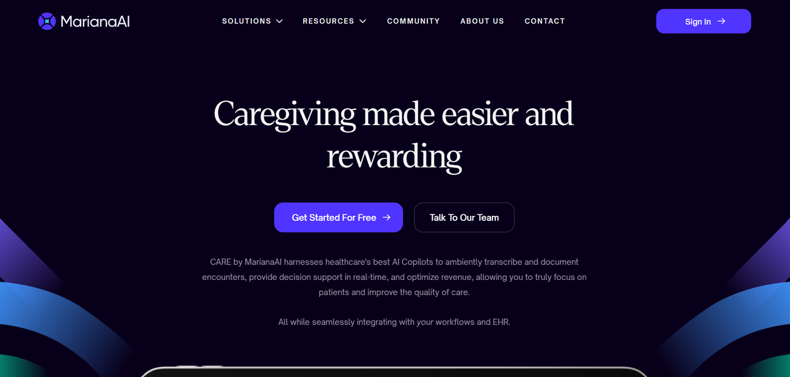 37 - MarianaAI hero banner with headline 'Caregiving made easier and rewarding' and CTAs 'Get Started For Free' and 'Talk To Our Team' on a dark purple background.