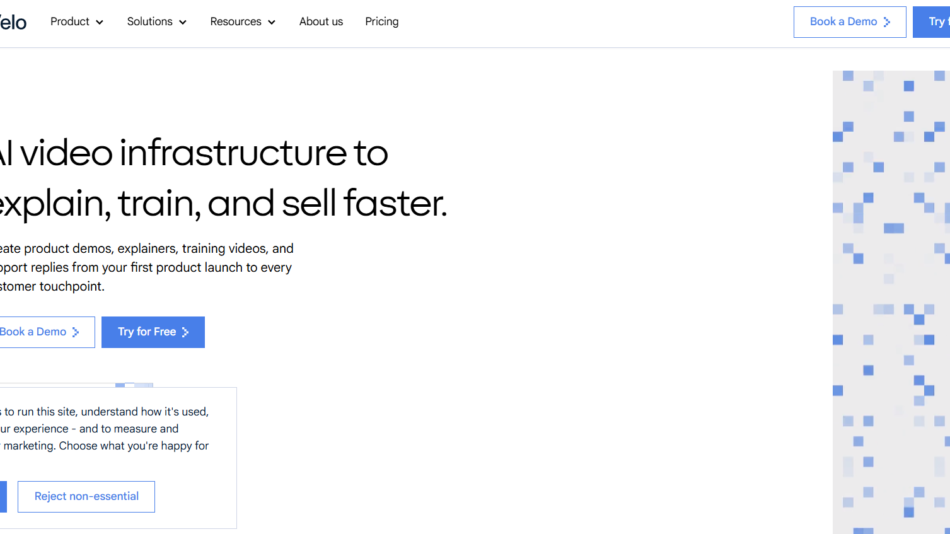 Hero section for Velo: 'AI video infrastructure to explain, train, and sell faster' with two CTAs—Book a Demo and Try for Free—and a decorative right-side blue mosaic panel.