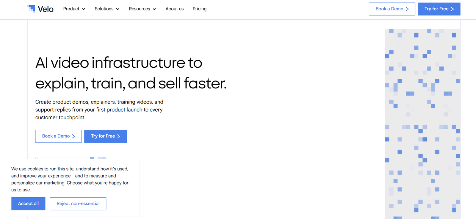 37 - Hero section for Velo: 'AI video infrastructure to explain, train, and sell faster' with two CTAs—Book a Demo and Try for Free—and a decorative right-side blue mosaic panel.