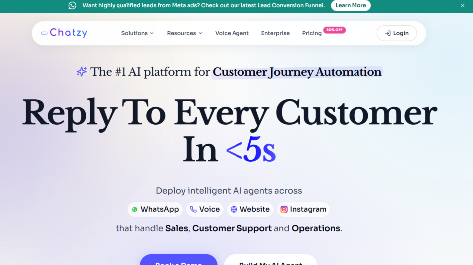 38 - Hero section for Chatzy: bold headline 'Reply To Every Customer In