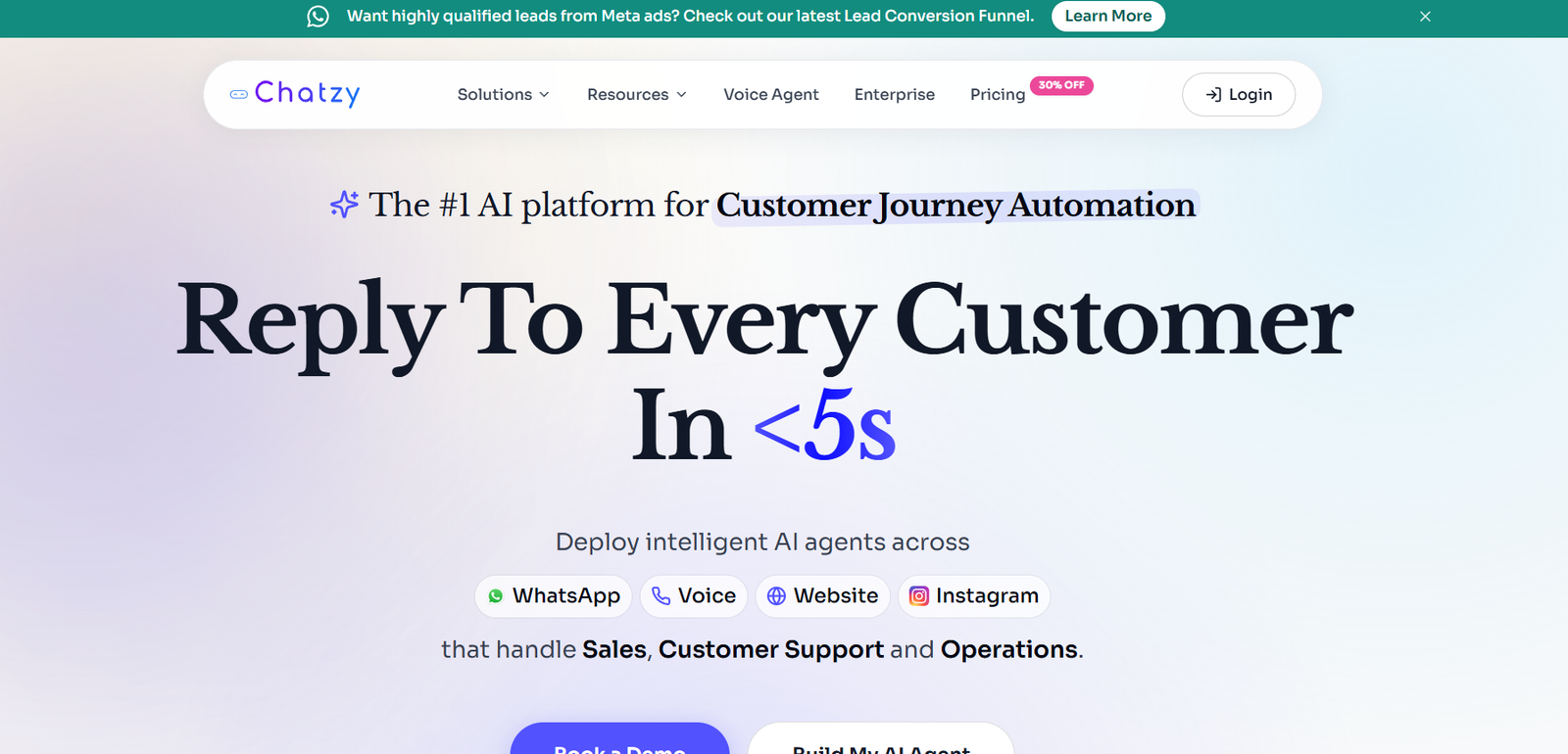 38 - Hero section for Chatzy: bold headline 'Reply To Every Customer In