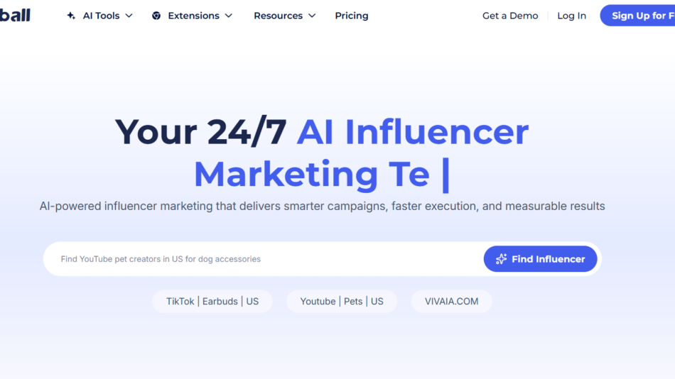 38 - Hero section promoting a 24/7 AI influencer marketing platform with a search field and a prominent Find Influencer button.
