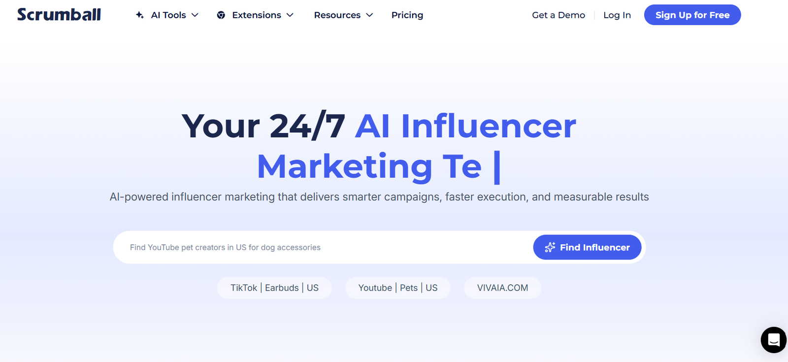 Hero section promoting a 24/7 AI influencer marketing platform with a search field and a prominent Find Influencer button.