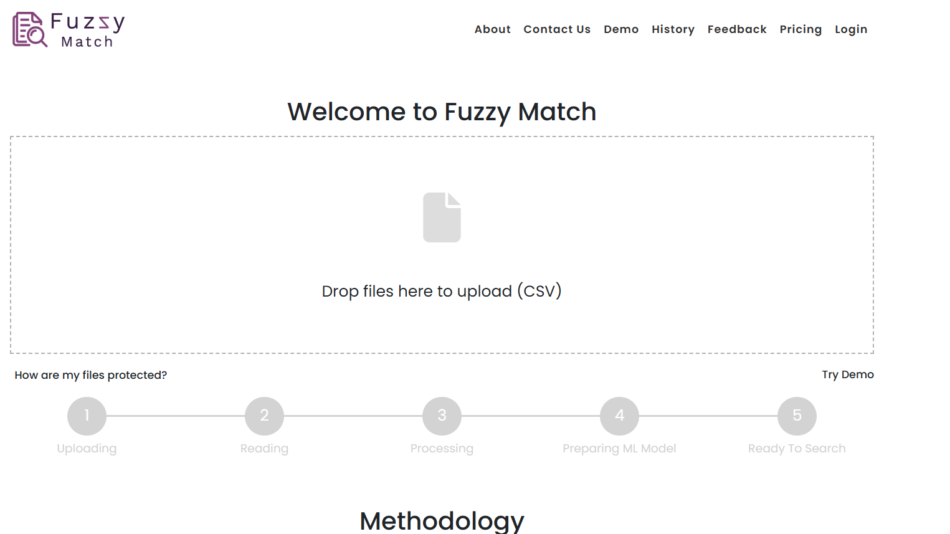 Fuzzy Match homepage hero with logo, title 'Welcome to Fuzzy Match', a large CSV upload box labeled 'Drop files here to upload (CSV)' and a five-step progress bar (Uploading to Ready To Search).