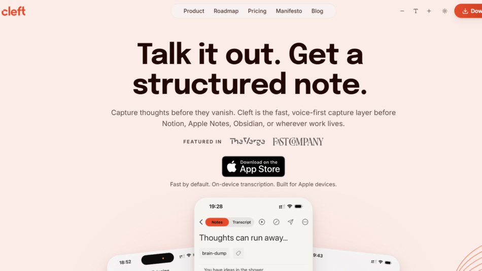 Cleft brand logo top left; large headline promotes structured notes and voice capture for quick ideas on a peach background.