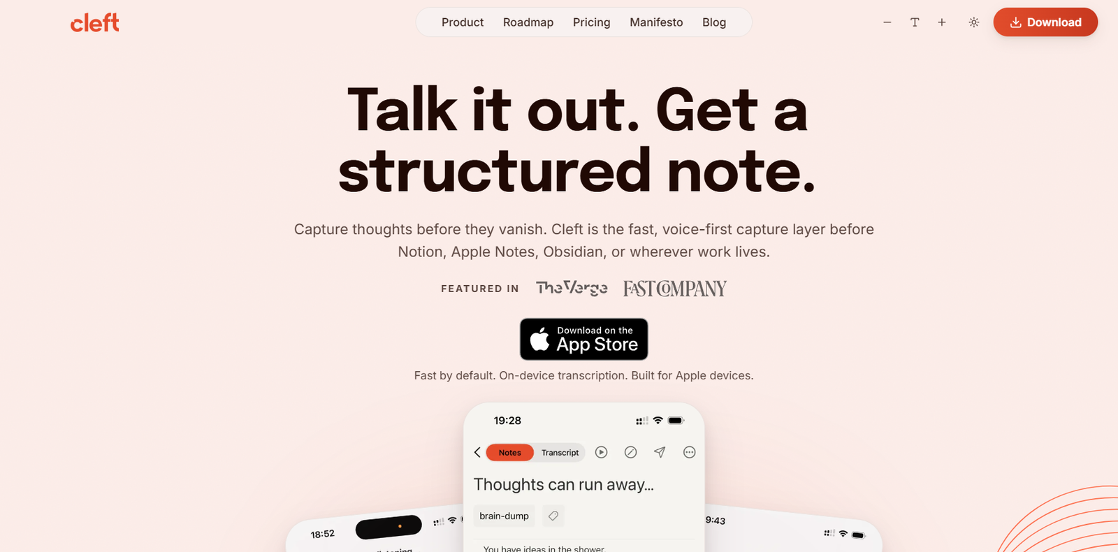 38 - Cleft brand logo top left; large headline promotes structured notes and voice capture for quick ideas on a peach background.