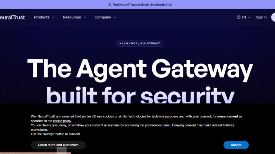 NeuralTrust hero section with dark gradient background showing the headline 'The Agent Gateway built for security' and a cookie consent banner across the bottom.