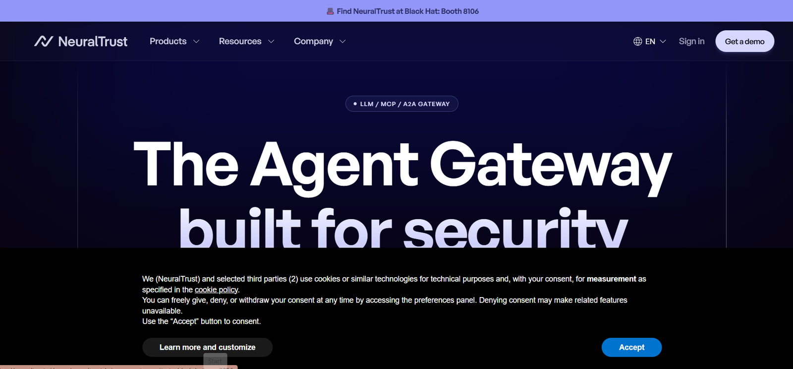 38 - NeuralTrust hero section with dark gradient background showing the headline 'The Agent Gateway built for security' and a cookie consent banner across the bottom.