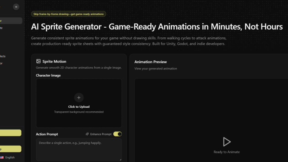 Dark UI of an AI Sprite Generator tool titled 'AI Sprite Generator - Game-Ready Animations in Minutes, Not Hours' with a left navigation panel and two main sections: 'Sprite Motion' (upload area labeled 'Character Image' with 'Click to Upload') and 'Animation Preview' showing a placeholder play button and 'Ready to Animate' caption.