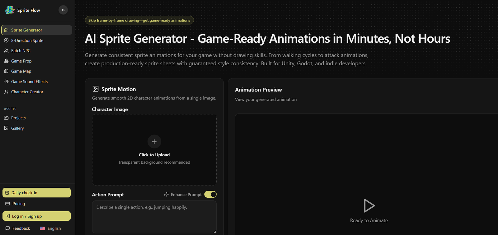 Dark UI of an AI Sprite Generator tool titled 'AI Sprite Generator - Game-Ready Animations in Minutes, Not Hours' with a left navigation panel and two main sections: 'Sprite Motion' (upload area labeled 'Character Image' with 'Click to Upload') and 'Animation Preview' showing a placeholder play button and 'Ready to Animate' caption.