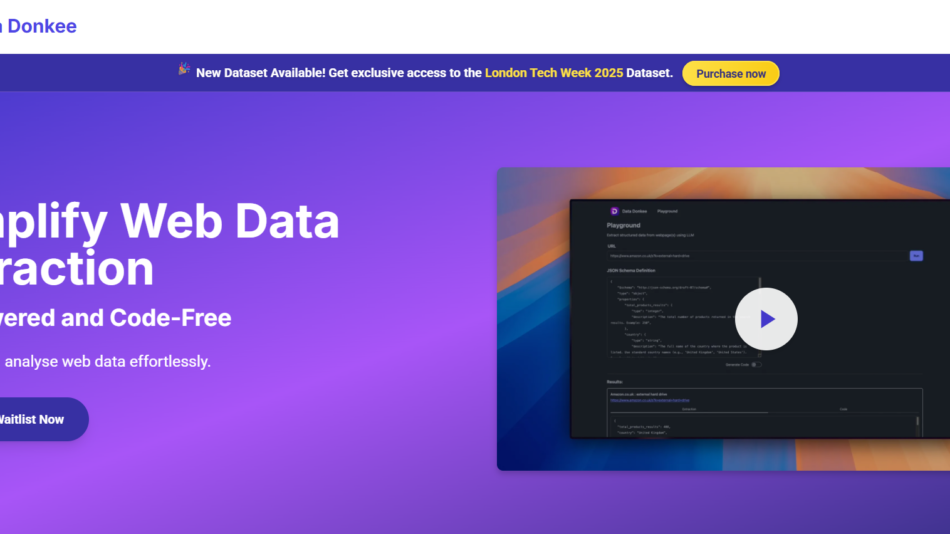 Data Donkee hero: purple gradient banner with large white headline 'Simplify Web Data Extraction' and a video thumbnail on the right with a play button; left CTA 'Join the Waitlist Now'.