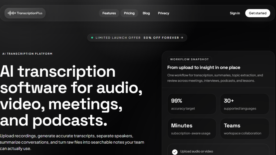 Dark homepage hero showing TranscriptionPlus navigation bar, bold headline: 'AI transcription software for audio, video, meetings, and podcasts', and a right-side feature card with 'From upload to insight in one place'
