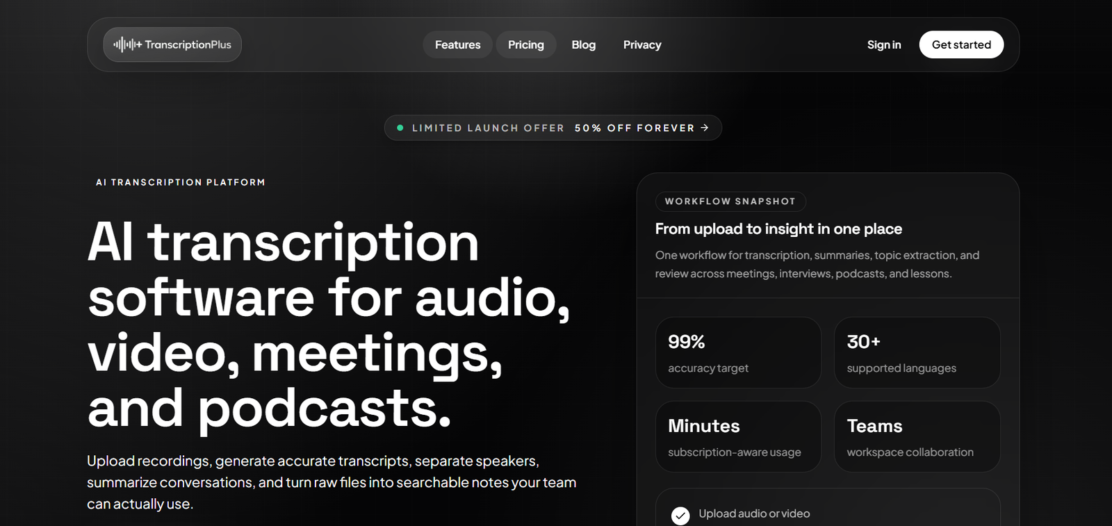 39 - Dark homepage hero showing TranscriptionPlus navigation bar, bold headline: 'AI transcription software for audio, video, meetings, and podcasts', and a right-side feature card with 'From upload to insight in one place'