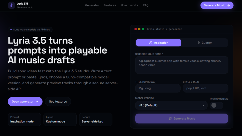 Hero section of Lyria 3.5 site: left column has bold headline about turning prompts into AI music drafts, right column shows a dark generator form.