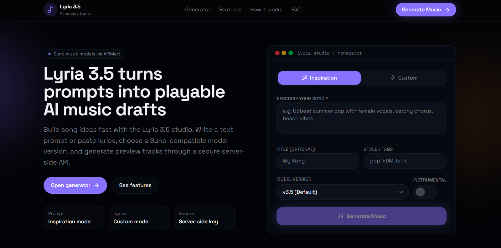 39 - Hero section of Lyria 3.5 site: left column has bold headline about turning prompts into AI music drafts, right column shows a dark generator form.