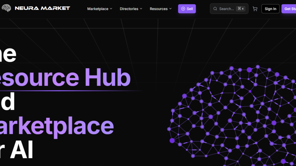 4 - Hero banner with dark background, white/purple headline reading 'The Resource Hub and Marketplace for AI' and a purple interconnected network graphic on the right.
