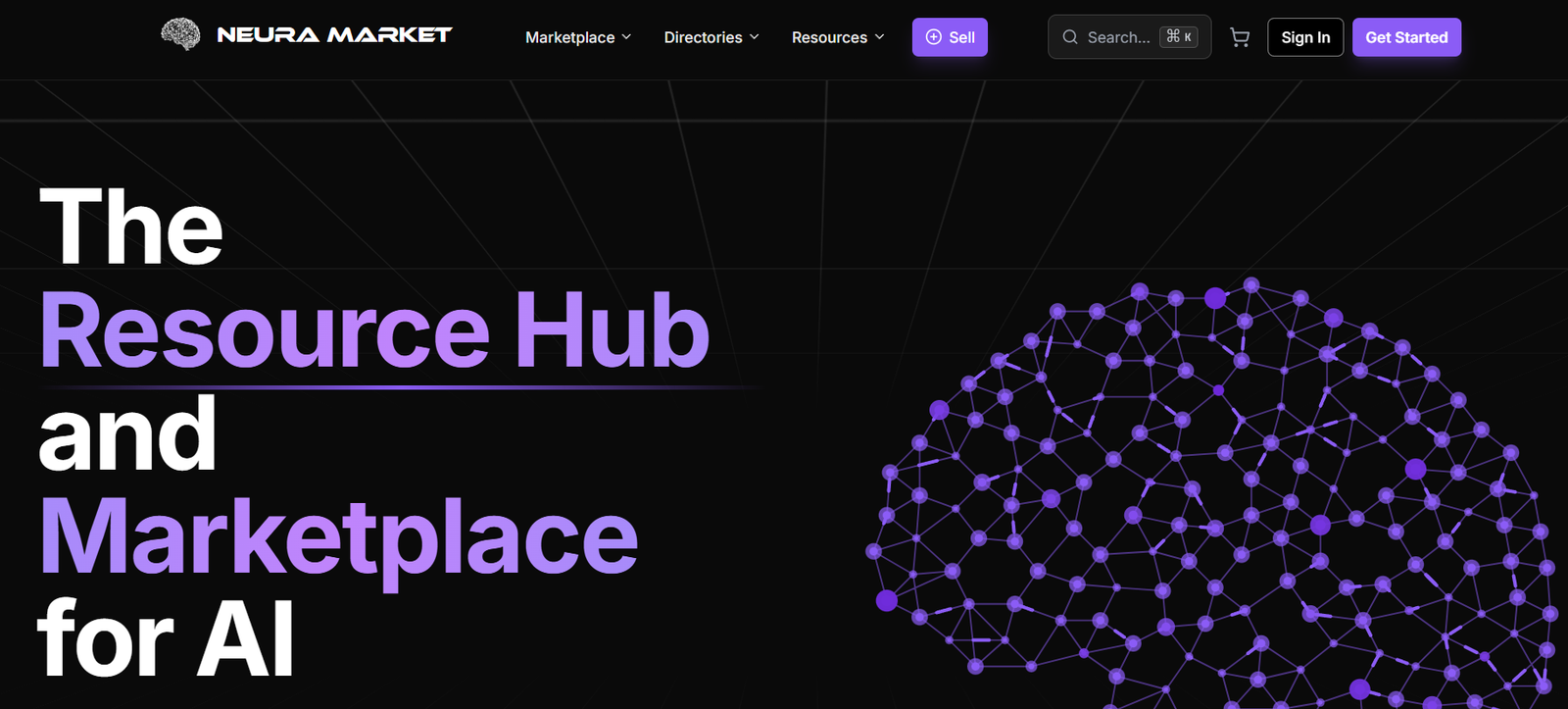 4 - Hero banner with dark background, white/purple headline reading 'The Resource Hub and Marketplace for AI' and a purple interconnected network graphic on the right.
