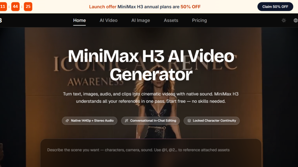 Hero section for MiniMax H3 AI Video Generator: bold title over a video background with offerings and feature chips like Native 1440p, Conversation Editing, and Character Continuity.