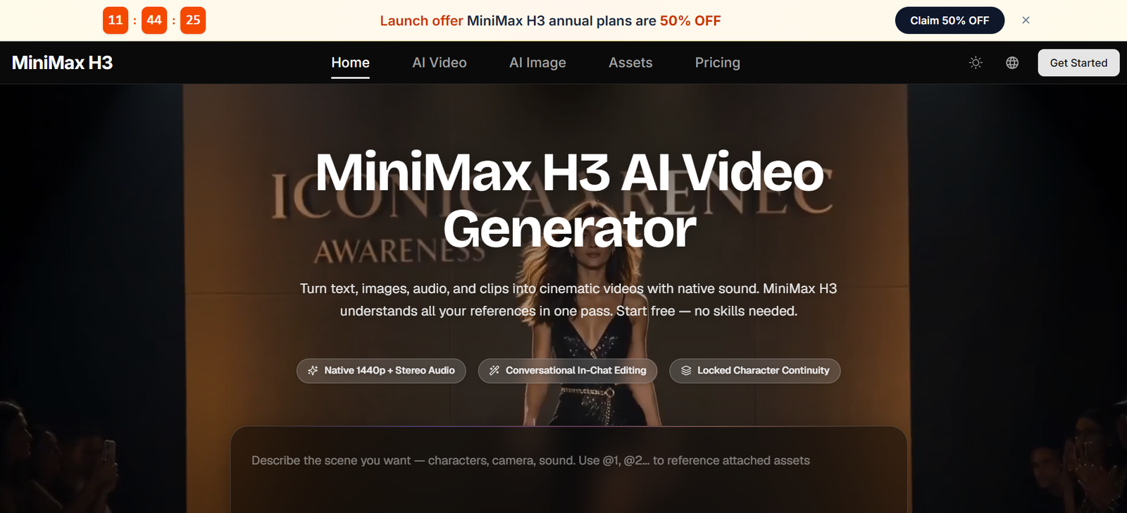 4 - Hero section for MiniMax H3 AI Video Generator: bold title over a video background with offerings and feature chips like Native 1440p, Conversation Editing, and Character Continuity.