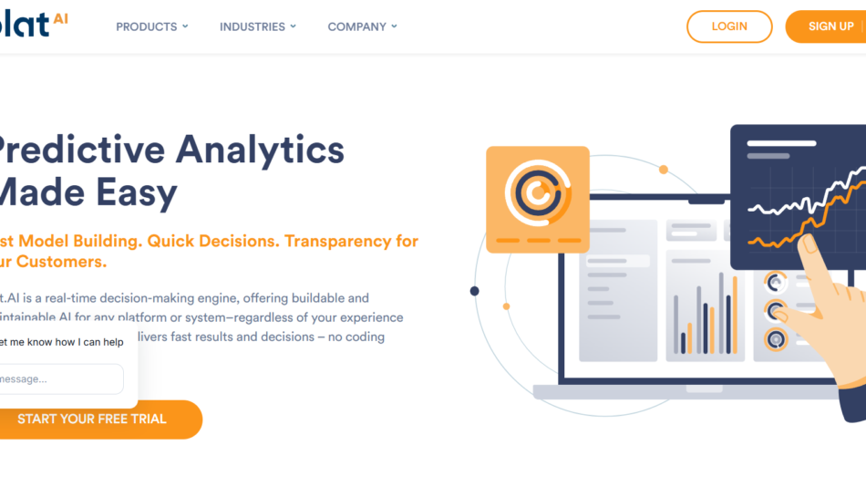 Hero banner: headline 'Predictive Analytics Made Easy' with orange subheading, plus a right-side illustration of a laptop displaying charts and a pointing hand.
