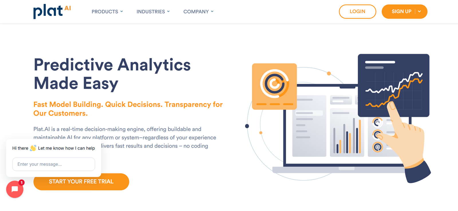 4 - Hero banner: headline 'Predictive Analytics Made Easy' with orange subheading, plus a right-side illustration of a laptop displaying charts and a pointing hand.