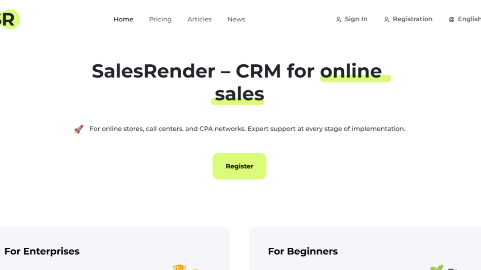 Hero section for SalesRender CRM: logo, navigation, bold headline 'SalesRender – CRM for online sales' with highlighted words, rocket emoji subtitle, and a neon yellow 'Register' button.
