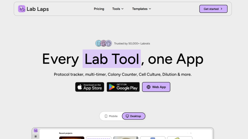 Hero header for Lab Laps with logo and Get started button; large headline 'Every Lab Tool, one App' with lavender highlight behind 'Lab Tool'