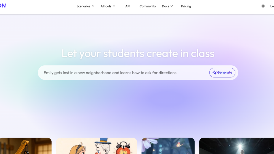 4 - Hero banner: gradient pastel background with headline 'Let your students create in class' and a rounded search bar with 'Emily gets lost...' and a 'Generate' button