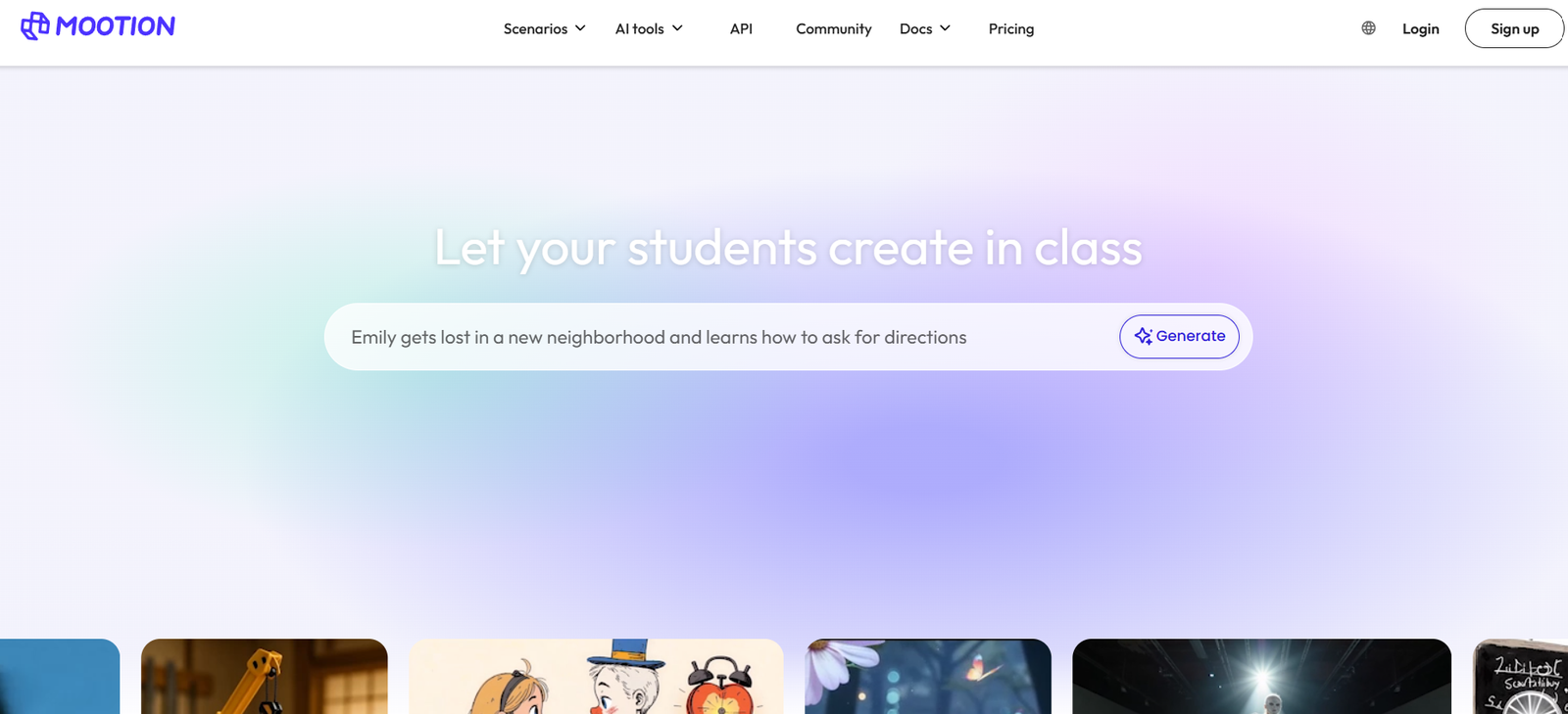 4 - Hero banner: gradient pastel background with headline 'Let your students create in class' and a rounded search bar with 'Emily gets lost...' and a 'Generate' button