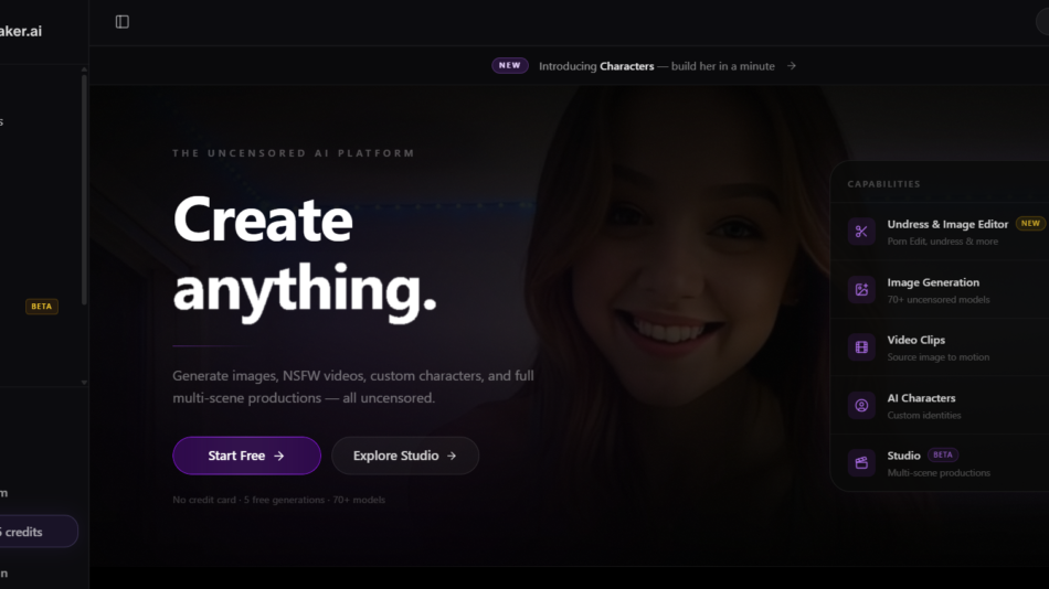 40 - Hero banner on Celebmaker.ai: large 'Create anything.' text with a smiling woman in a dark UI background.