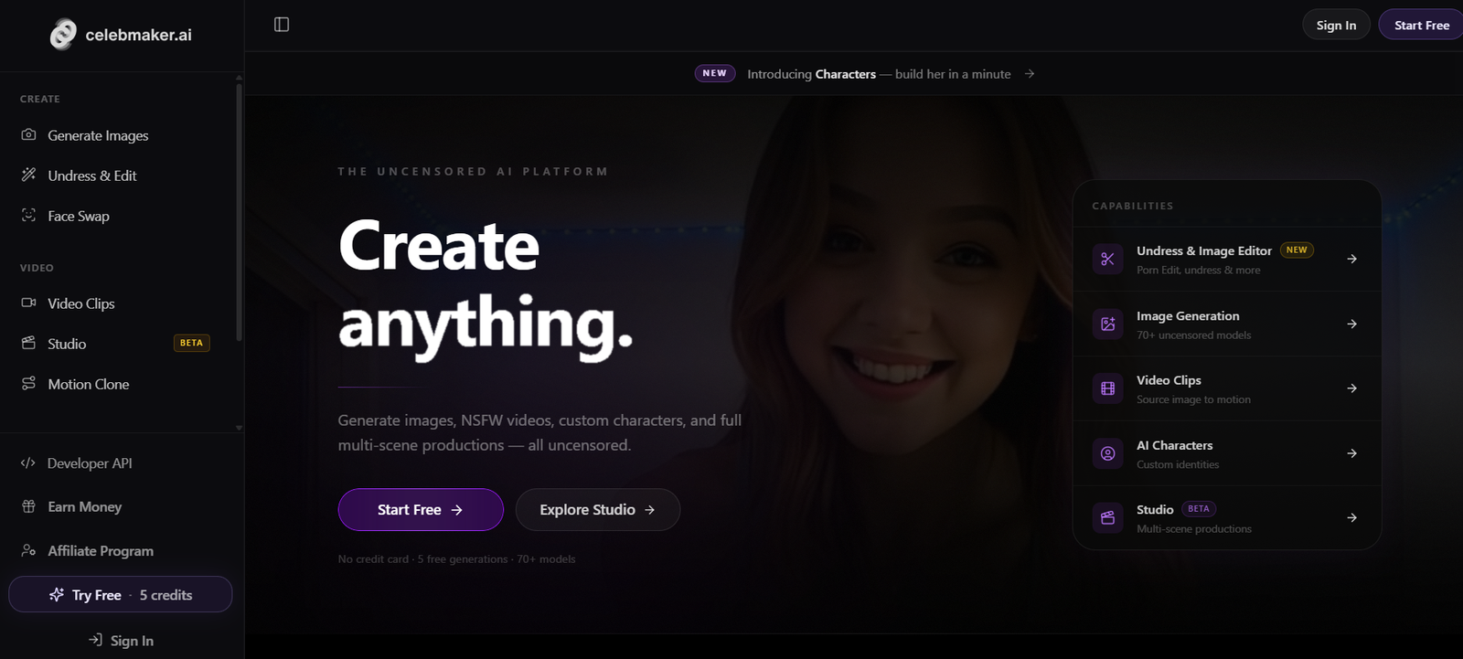 Hero banner on Celebmaker.ai: large 'Create anything.' text with a smiling woman in a dark UI background.