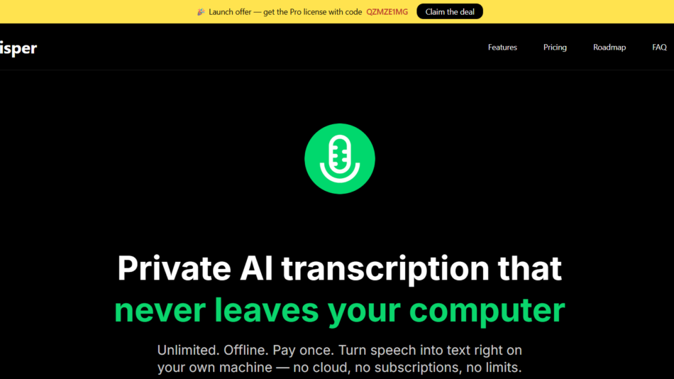 GoWhisper hero: green microphone icon centered on black background with the headline about offline private AI transcription.