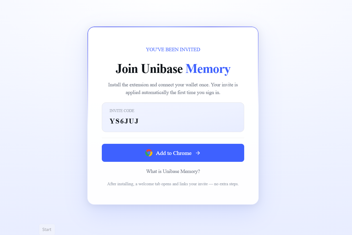 40 - Invite modal for Unibase Memory with code YS6JUJ and an 'Add to Chrome' button on a soft gradient card