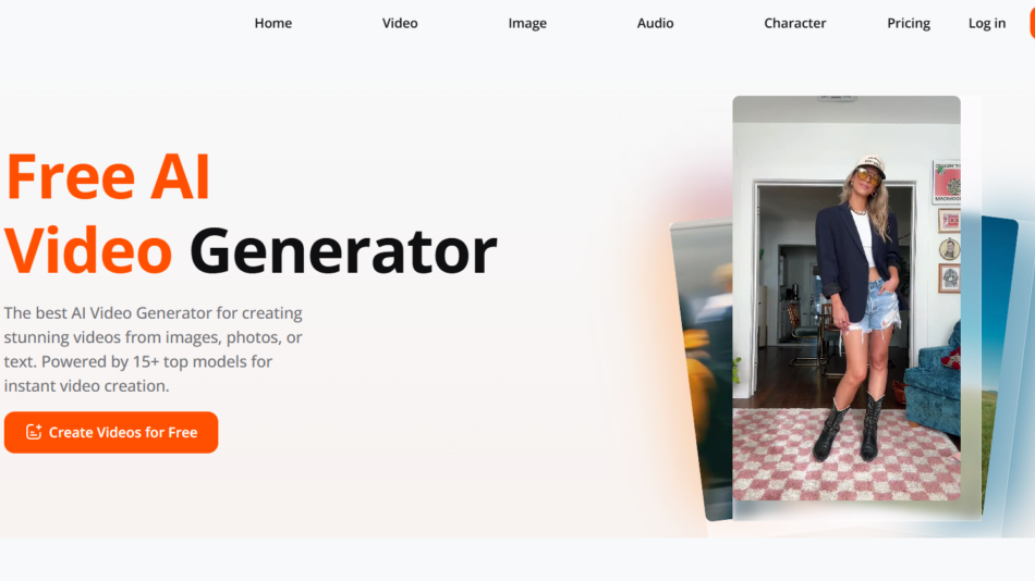 41 - Hero banner promoting Free AI Video Generator with left text and orange CTA, right-side photo collage of a woman in a doorway.