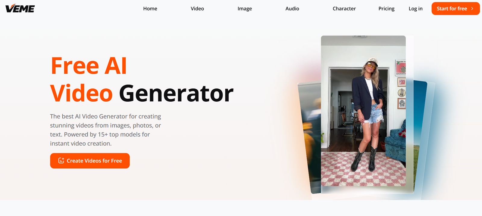41 - Hero banner promoting Free AI Video Generator with left text and orange CTA, right-side photo collage of a woman in a doorway.