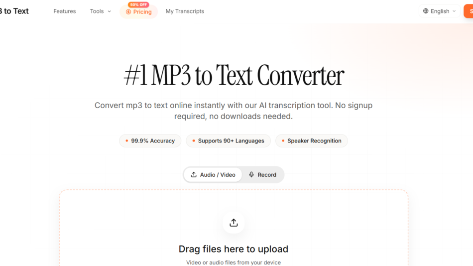 Hero section for MP3 to Text Converter with headline, subtitle, and drag-and-drop upload area.