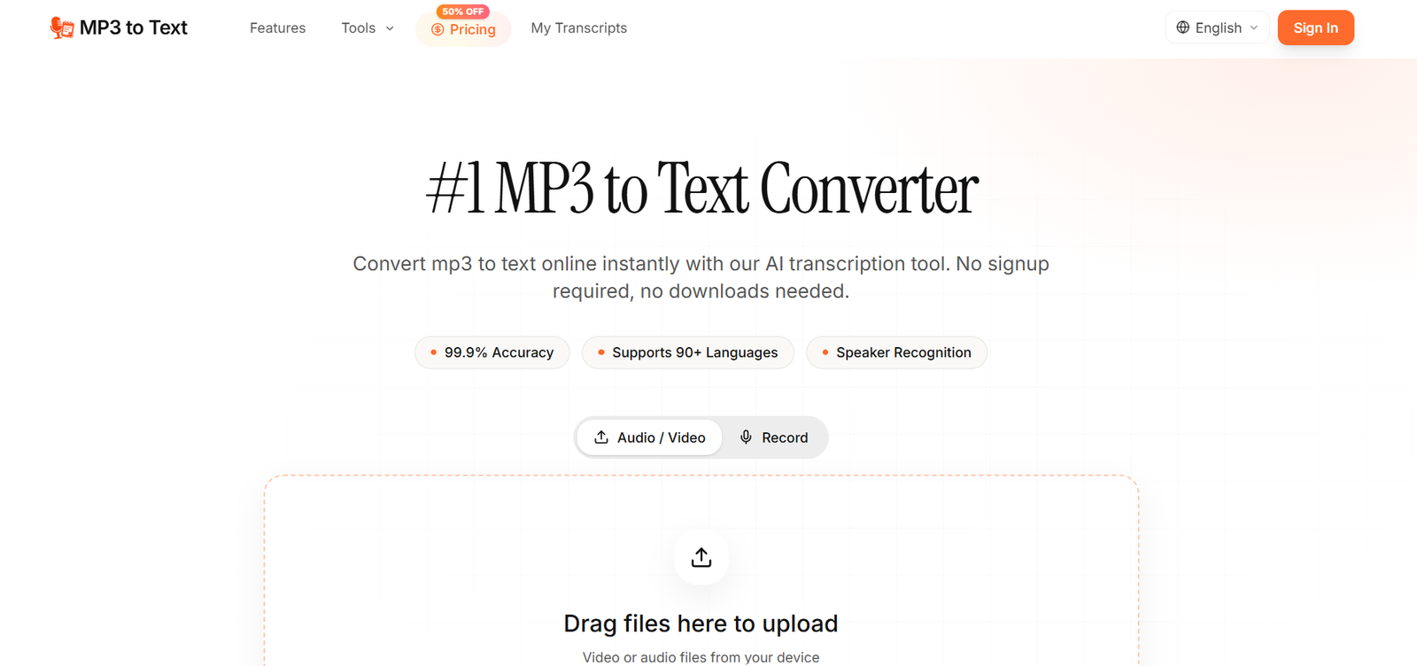 41 - Hero section for MP3 to Text Converter with headline, subtitle, and drag-and-drop upload area.