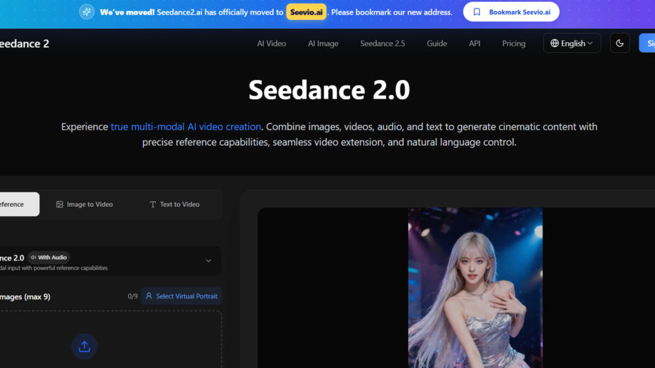 41 - Seedance 2.0 AI video creator UI with a dark dashboard; a portrait of a female performer appears on the video canvas to the right; left panel shows Multi Reference options and AI model settings.