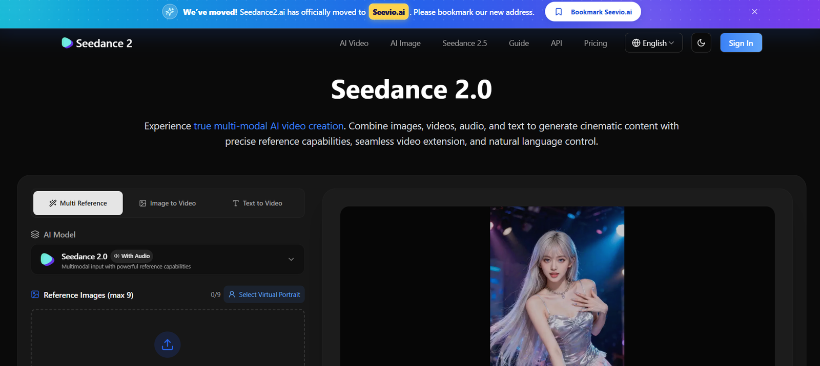 41 - Seedance 2.0 AI video creator UI with a dark dashboard; a portrait of a female performer appears on the video canvas to the right; left panel shows Multi Reference options and AI model settings.