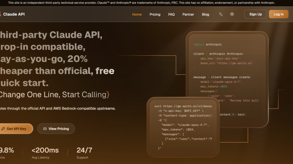 42 - Hero section of Claude API landing page with a brown gradient background, large headline about third-party Claude API and pay-as-you-go pricing, subheading about routes; features rounded code blocks on the right and two CTA buttons: 'Get API Key' and 'View Pricing'.