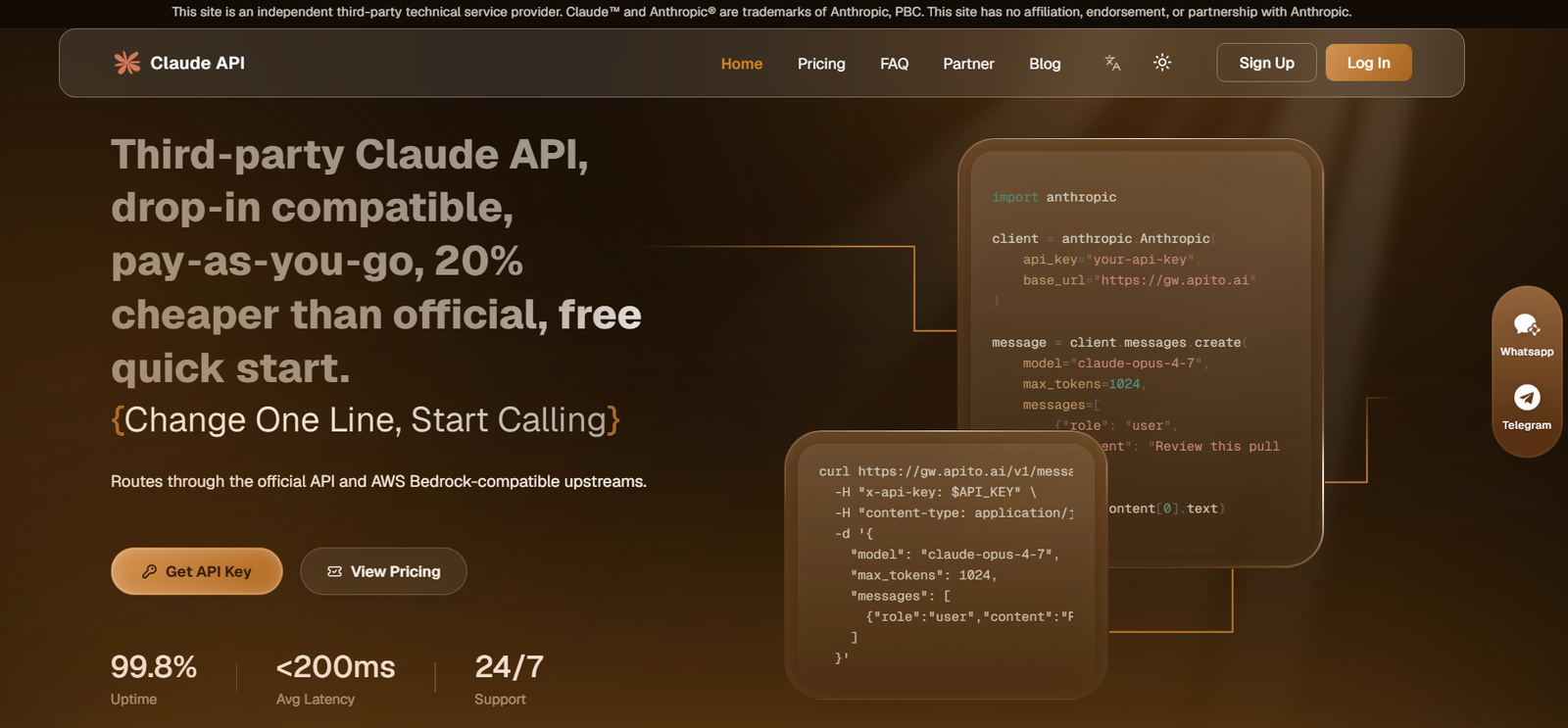 42 - Hero section of Claude API landing page with a brown gradient background, large headline about third-party Claude API and pay-as-you-go pricing, subheading about routes; features rounded code blocks on the right and two CTA buttons: 'Get API Key' and 'View Pricing'.