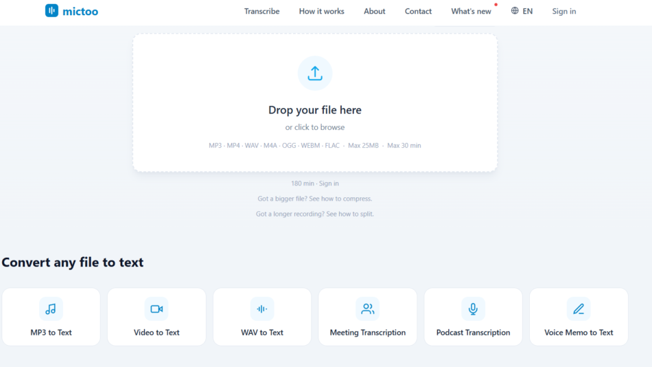 Upload area with rounded dashed border and blue upload icon, text reads 'Drop your file here' (drag-and-drop).