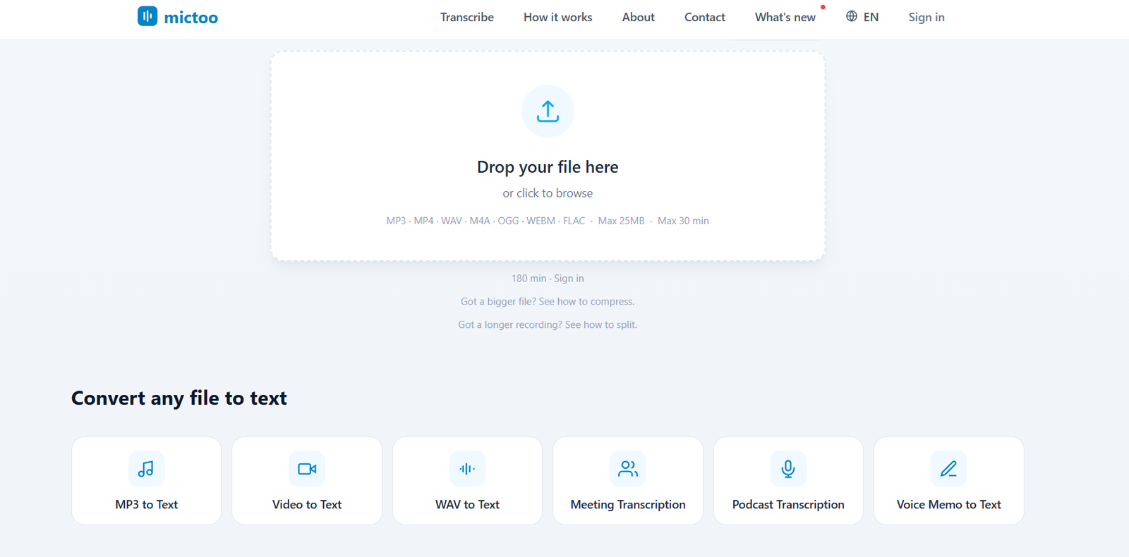 43 - Upload area with rounded dashed border and blue upload icon, text reads 'Drop your file here' (drag-and-drop).